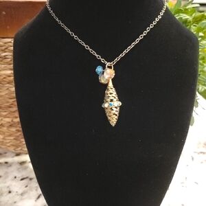 Gold Pine Cone Pendant Necklace with Blue and Pink Accents